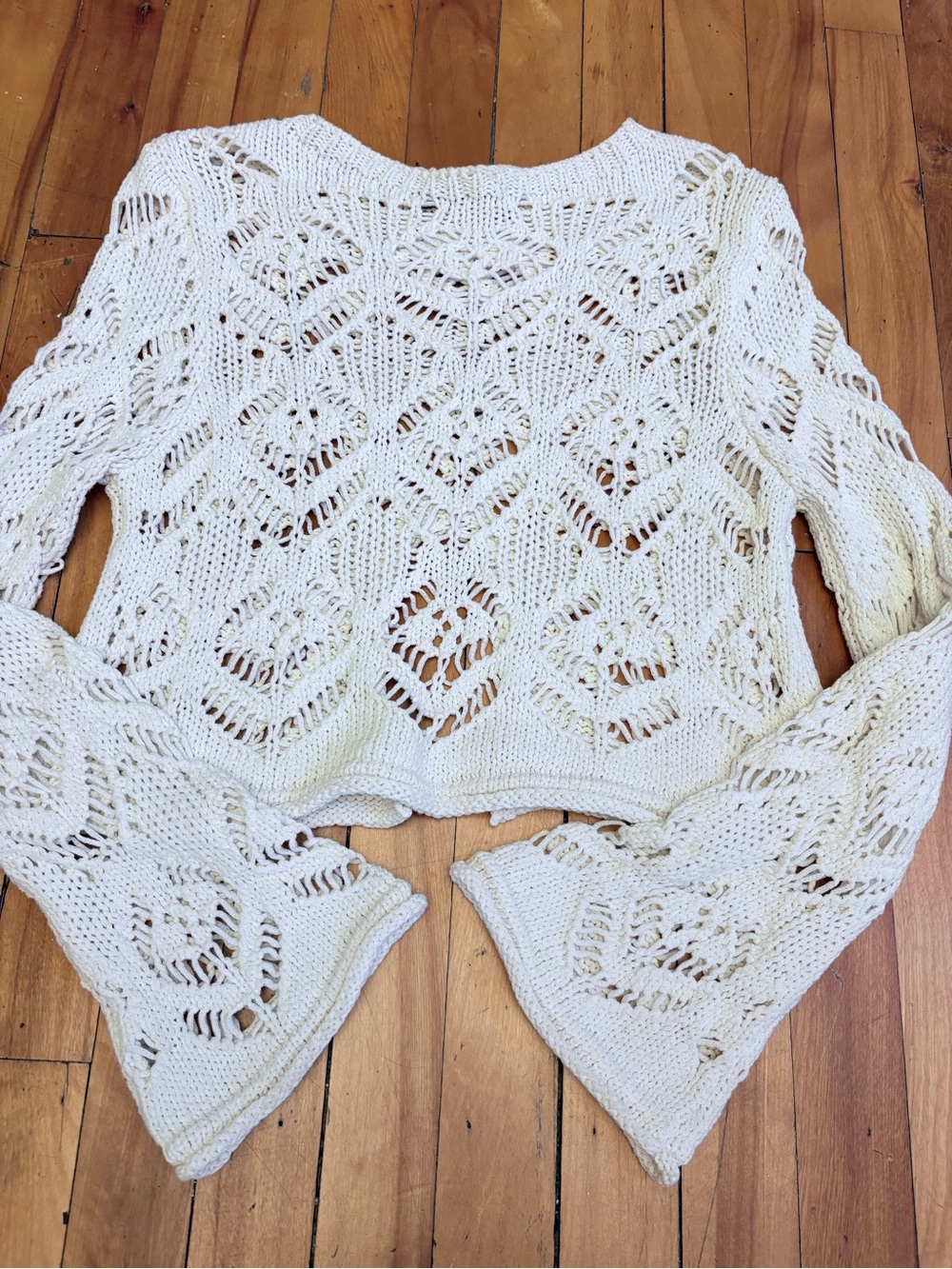 Zara Cream Open-Knit Scoop Neck Sweater Bell Sleeves - Size Small